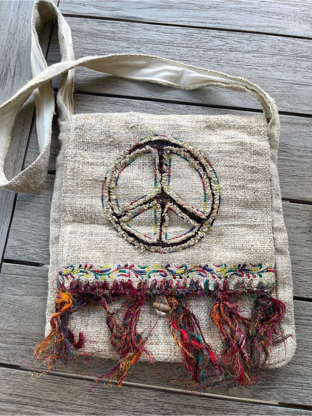 Flying High Boho Peace Sign Hemp Crossbody Bag in Natural